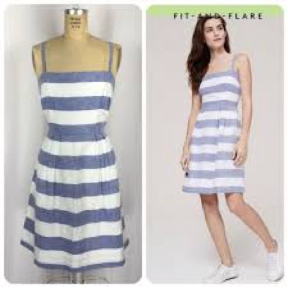 LOFT Linen/cotton Blue Striped fit flare A-line sun-Dress Size 4 - Picture 2 of 10
